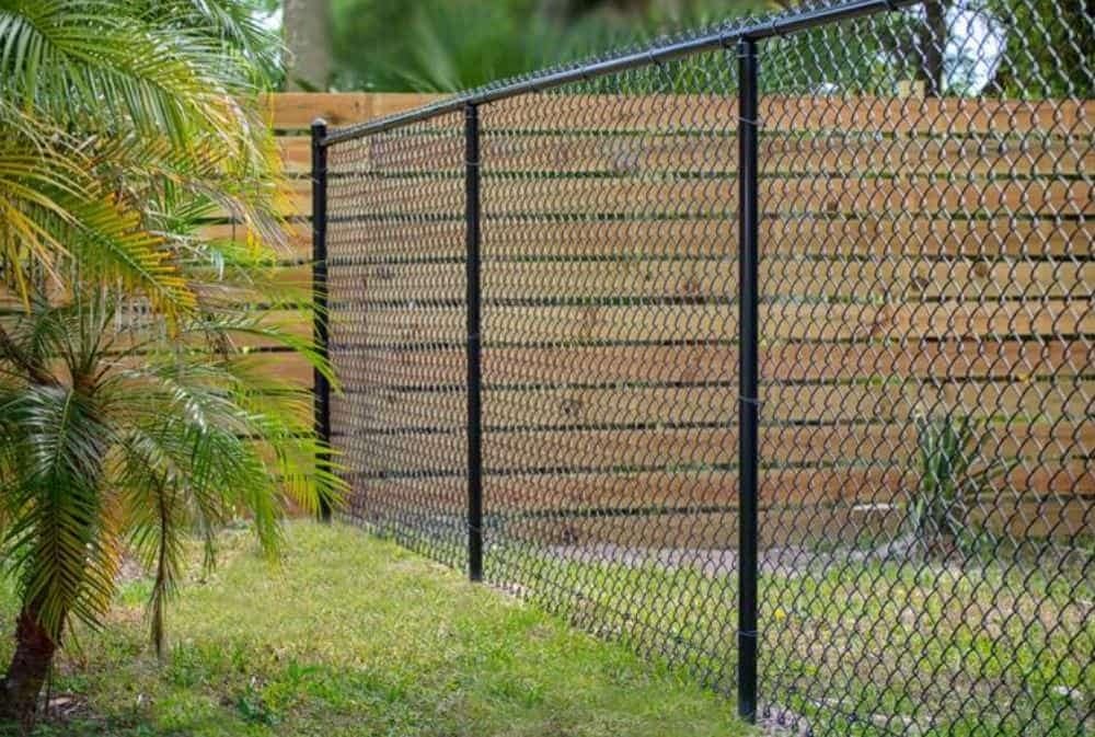 Black chain link fencing for a backyard meeting a wood fence