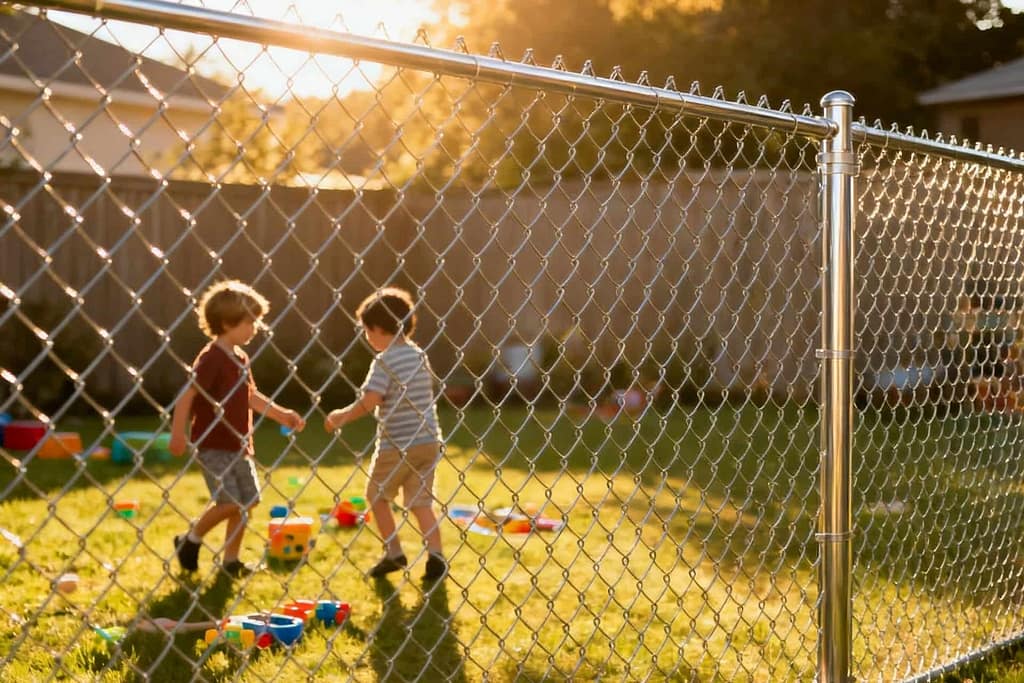 Kids playing in a backyard surrounded by a chain link fence