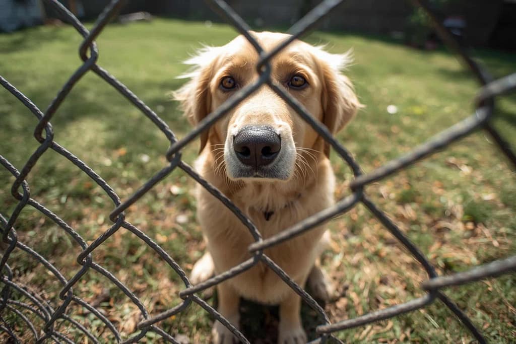 dog behind a chain link fence