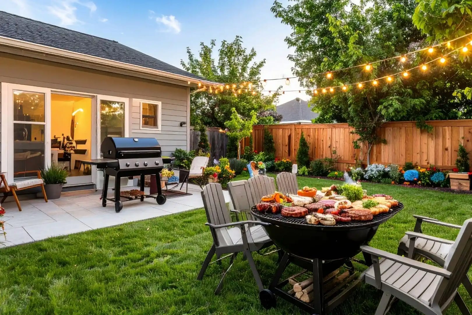 Backyard party with fence, BBQ and lights