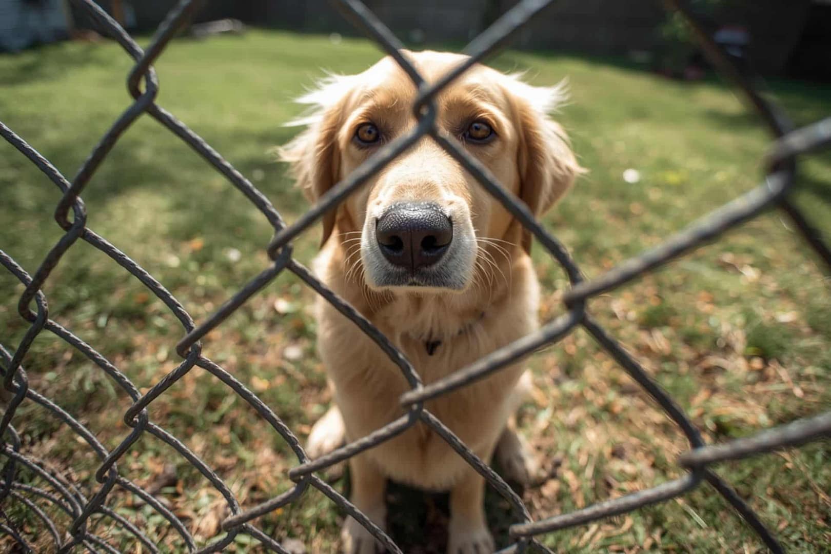 dog behind a chain link fence