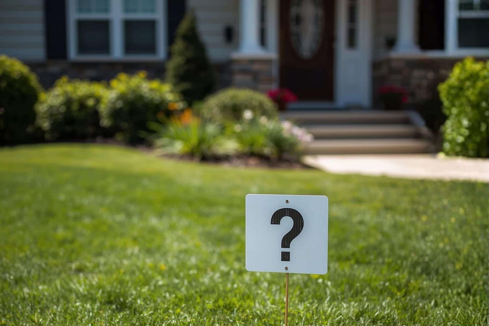 question mark on a sign in the front yard of a house