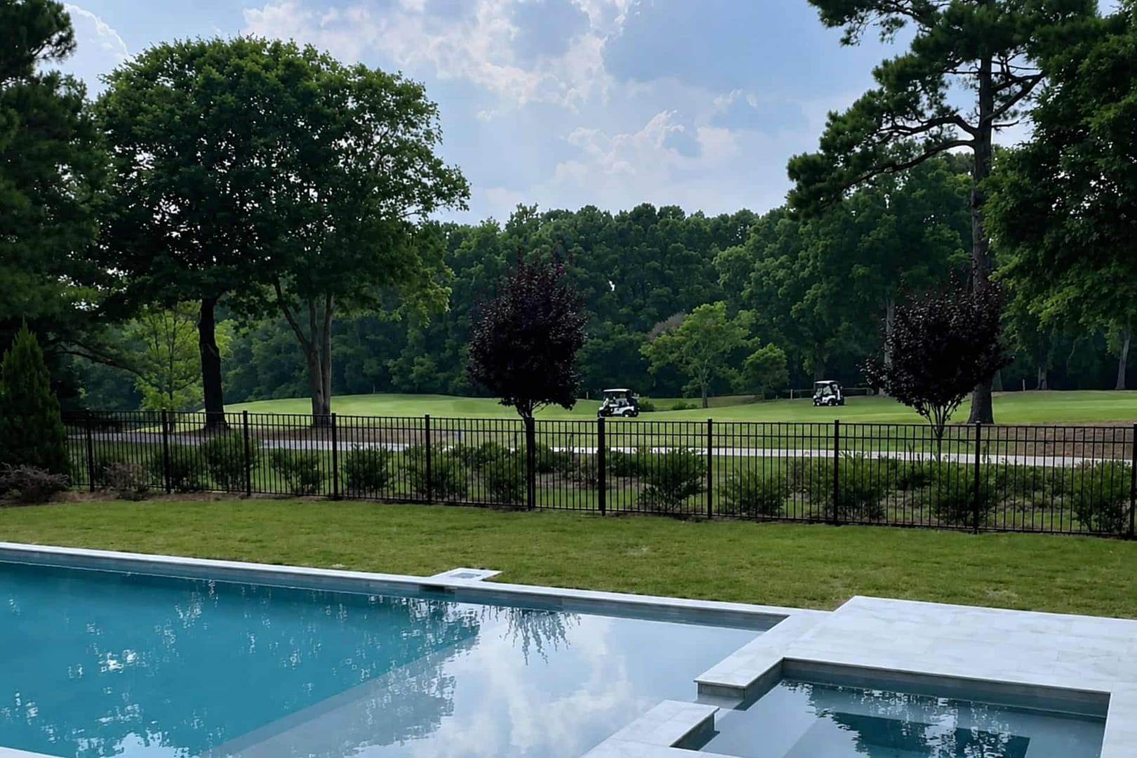 backyard facing a golf course with a pool and an aluminum fence around the pool