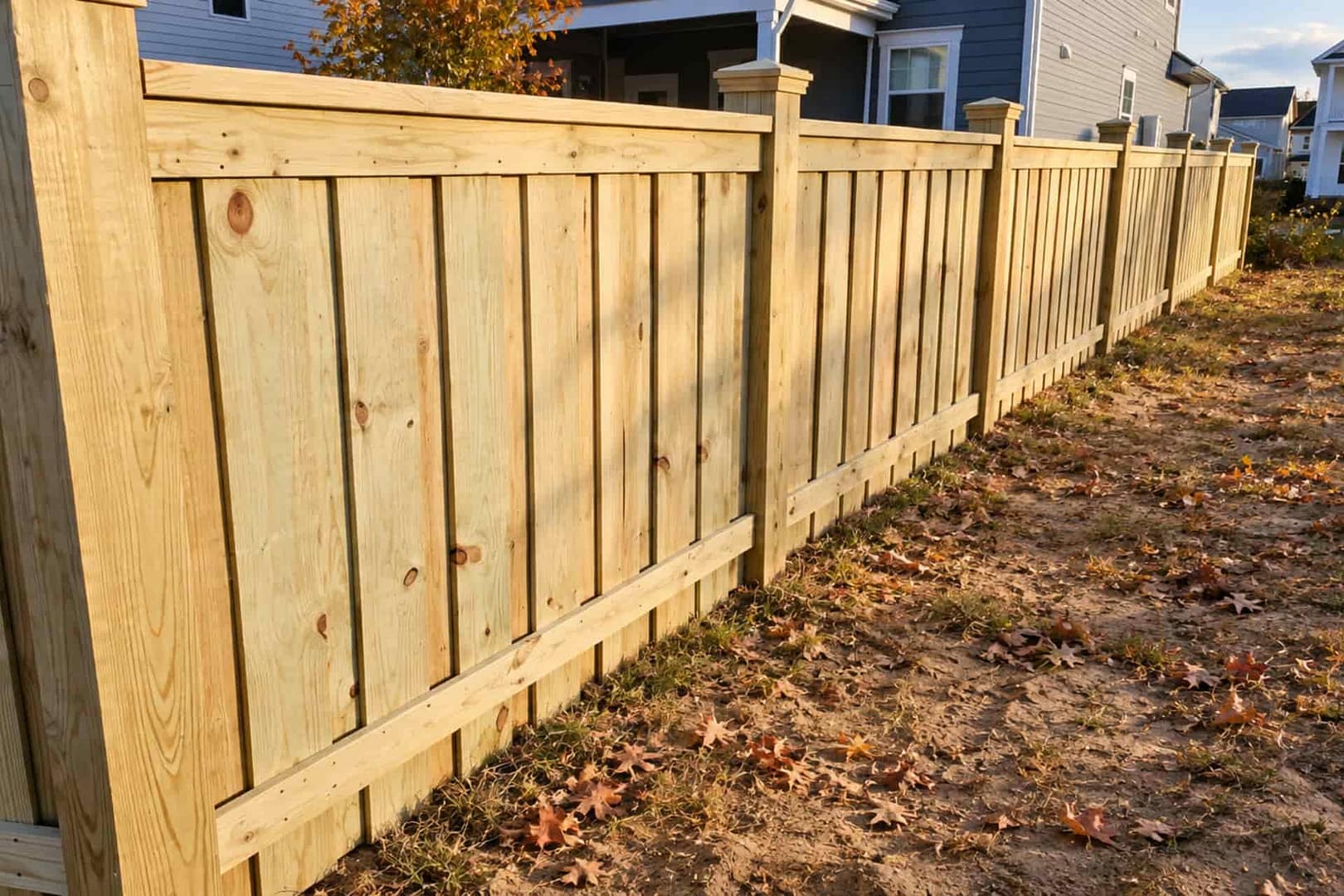 Nicely built wooden fence with fallen leaves on the grass below