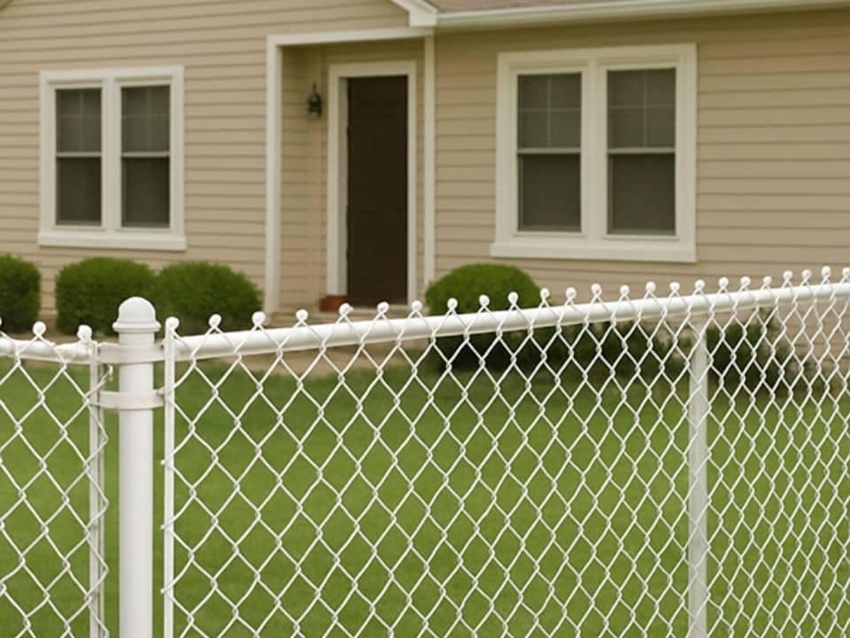 Residential chain link fencing with grass and home behind it.